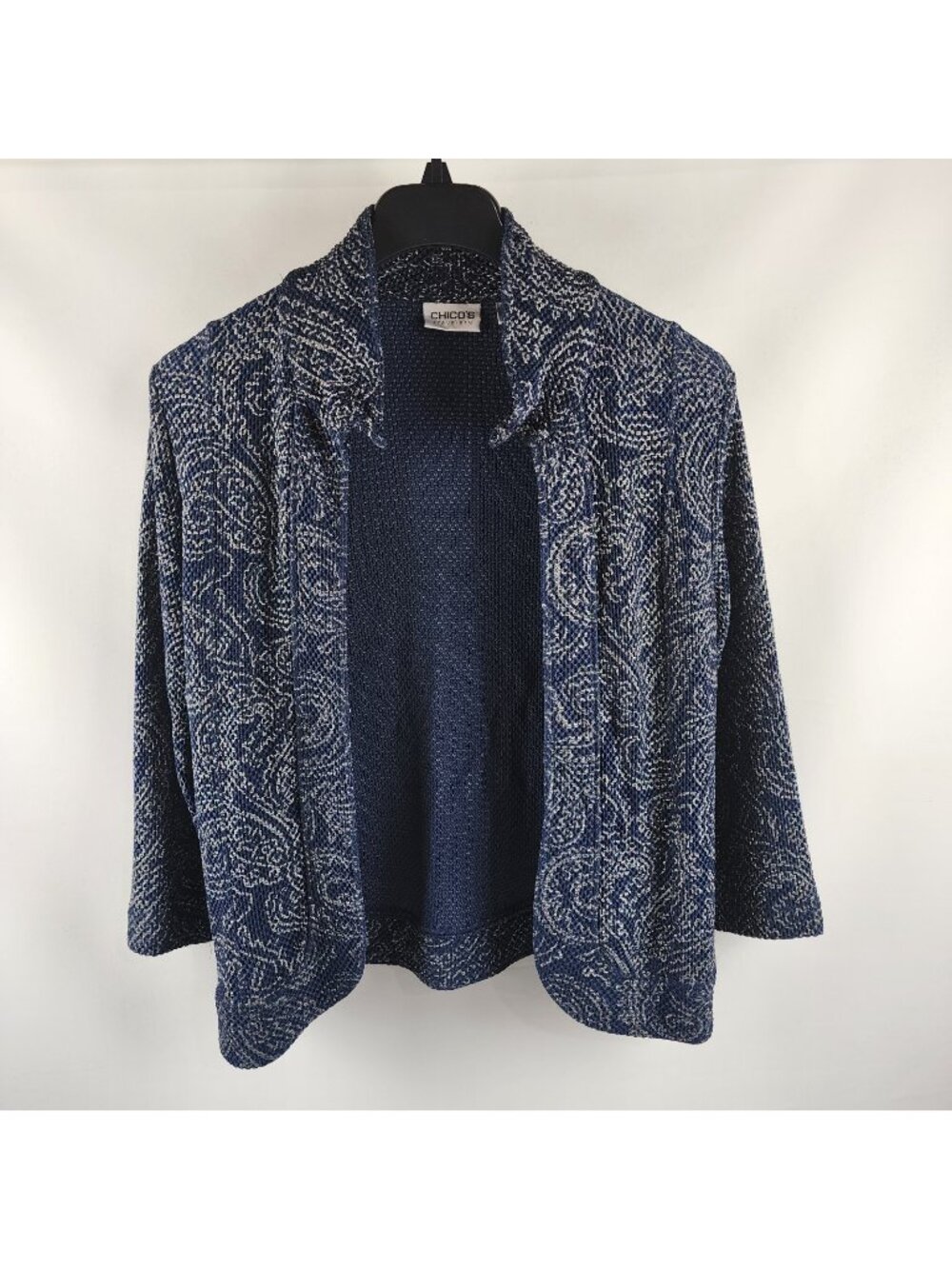 Chicos Travelers Sweater Women L Blue Multi Waffle Textured Open Front Cardigan